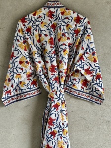 Premium Hand Block Print Cotton Kimono Robe V-neck Belt Closure Long Wide Sleeve Boho Beach Cover Spring <b>Knee</b>-Length Summer - Product Image 4