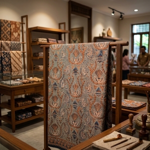 Tissu en coton écologique artisanal indonésien, batik Tulis dessiné à la main, motif traditionnel Bokor Beras Wutah Sogan, décoration intérieure - Product Image 5
