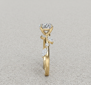 Bague de fiançailles en diamant de laboratoire, diamant central taille ronde avec pierres latérales en feuille de marquise, or 14 carats, fabricant de bagues de mariée - Product Image 2