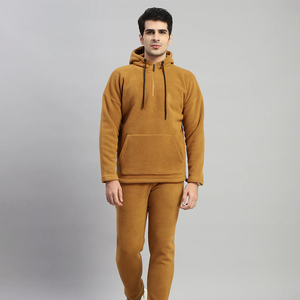 <b>Men's</b> Hooded Fleece Tracksuit <b>Set</b> Solid Color <b>Thermal</b> Winter Casual Wear 100% Polyester Knitted Sweatshirt and Pants - Product Image 1