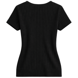 Blusa de Punto Acanalado con Cuello en V para Mujer, Manga Corta, Corte Ajustado, Informal, Otoñal, Suave, Elástica, con Botones, Elegante, para Uso Diario - Product Image 2