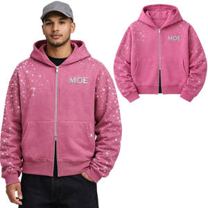 Sudadera con capucha para hombre con cremallera completa, de algodón y forro polar, con pedrería, estilo oversize, streetwear, con cremallera de cristal, fabricación - Product Image 1