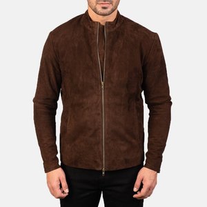 Relevo Industries <b>Men's</b> Brown <b>Suede</b> Leather <b>Jacket</b> Stand Collar Zipper Front Slim Fit Moto Biker Style Autumn Wear <b>For</b> <b>Men</b> - Product Image 2