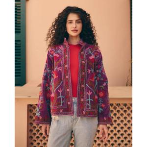 Chaqueta Acolchada de Mujer, Color Morado, Tejida, con Bordado Floral, Cuello Mao, Manga Larga, 100% Algodón, Secado Rápido, Ecológica, Gruesa - Product Image 1