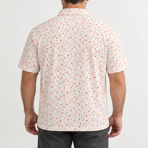 Polo pour homme Trackstar, blanc, imprimé confettis corail, manches courtes, col boutonné, chemise de golf décontractée, logo personnalisé - Product Image 3