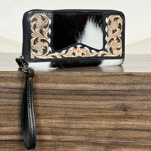 Genuine Hand Tooled Leather <b>Wallet</b> Black Clutch Cowhide Western Floral Carved Wristlet <b>Purse</b> Handmade Women’s Clutches - Product Image 3