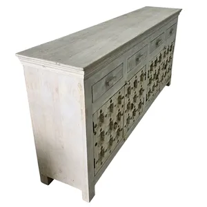 Buffet en bois indien recyclé, armoire de rangement à quatre portes, tiroirs, meuble TV artisanal pour salon, salle à manger, chambre - Product Image 4