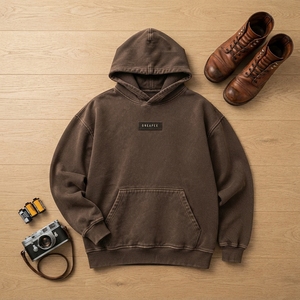 Sweat-shirt à capuche texturé bleu marine personnalisé pour homme, pull-over imprimé avec logo sur la bordure de la capuche, style streetwear - Product Image 5