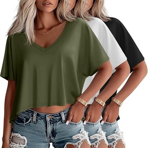 Camiseta Corta de Mujer con Cuello en V y Hombros Caídos, Color Sólido, Manga Corta, Corte Holgado, Estilo Casual para Primavera/Verano - Product Image 1