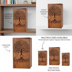 Urna Funeraria Artesanal de Madera de Palisandro con Árbol de la Vida, Grabada, Recuerdo Conmemorativo para Cenizas Humanas, Tamaño Mediano 9x5.5, Caja para Urna - Product Image 2