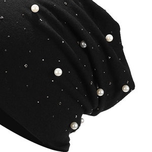 Elegant Black Beanie Hat With Pearls And Rhinestones For Women 100% Acrylic Hand Knitted Casual <b>Winter</b> <b>Cap</b> 56-58CM - Product Image 6