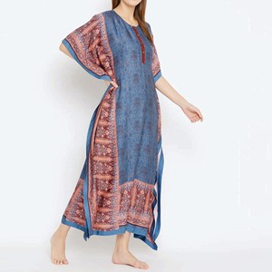 Women's Blue Paisley <b>Print</b> Kaftan Dress With Contrast Trim Floor-Length Modest Evening Gown Cap Sleeve Rayon <b>Material</b> - Product Image 5