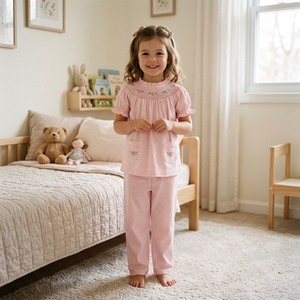 MITEXCO Baby Girls Short Sleeve Smocked <b>Romper</b> With Peter Pan Collar Hand Embroidery Cotton Sleepwear Spring Classic Style - Product Image 1