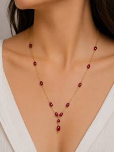 Collier personnalisé plaqué rhodium avec perles ovales en rubis rouges, chaîne Y en forme de goutte, bijoux de luxe pour femmes, mariages et usage quotidien - Product Image 1