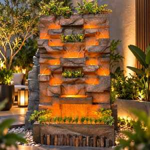 Fontaine murale en polystone avec cascade, éclairage LED, finition pierre rustique, cascade multi-niveaux autoportante, taille personnalisée, jardin - Product Image 1