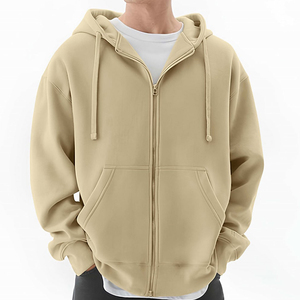 Sudadera con capucha beige extragrande personalizada para hombre con cremallera completa, capucha con cordón y bolsillos tipo canguro divididos, estilo streetwear - Product Image 4