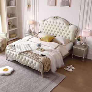 European Luxury Style Mahogany Wood Cream King Size Bedroom Set Tufted Upholstered Headboard Storage High-End Quality Hotel - Product Image 1