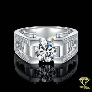 925 Sterling <b>Silver</b> Round Cut Lab Grown Diamond Men's Engagement <b>Ring</b> Modern Geometric <b>Solitaire</b> Statement <b>Ring</b> - Product Image 4