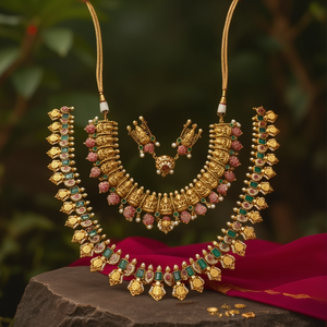 Nova Mart Temple Bridal Fine <b>Jewelry</b> <b>Set</b> with Channel <b>Set</b> Pear Cut Zircon <b>Gold</b> Plated Necklace and Earrings for Wedding - Product Image 3
