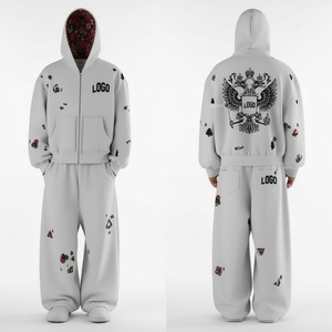 Conjunto de Sudadera con Capucha Verde y Pantalones Deportivos Holgados con Serigrafía Personalizada, Diseño de Escudo de Águila, Felpa, Unisex - Product Image 2