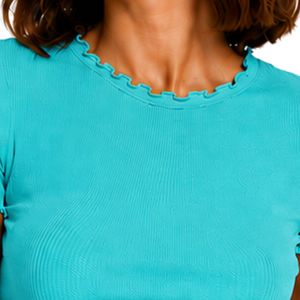 Camiseta Corta Acanalada Turquesa para Mujer, Manga Corta, Ajuste Ceñido, Dobladillo Ondulado, Algodón Elástico con Spandex, Top Casual de Verano, Moda Urbana - Product Image 5