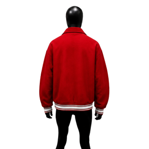 Chaqueta universitaria personalizada de lana roja para hombre y mujer, al por mayor, de primera calidad, estilo Letterman, con cierre frontal de botones a presión. - Product Image 2