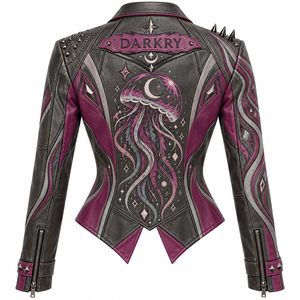 Customized <b>Women</b> Real Leather Dark Grey Asymmetric Biker Jacket Metal Studded Gothic <b>Outerwear</b> Coat - Product Image 2