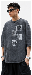 T-shirt graphique oversize pour homme avec fermeture éclair latérale, en coton délavé vintage, épaules tombantes, style streetwear, coupe ample - Product Image 2