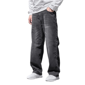 Jeans de Mezclilla para Hombre, Diseño Nuevo, Corte Holgado y Recto, Color Negro Lavado, Cintura Media, Transpirables, de Algodón, Spandex y Poliéster - Product Image 1