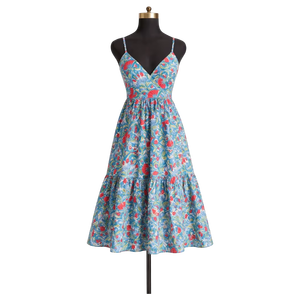 Robe d'été en coton pour femme, col en V, bretelles, boutonnée, longueur genou, dos smocké, poches latérales, imprimé floral fait main, tenue d'été - Product Image 1