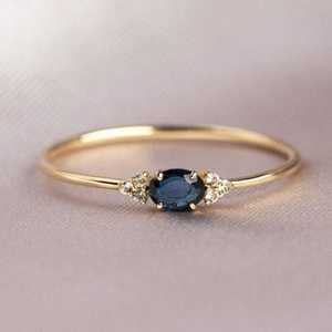 <b>Blue</b> <b>Sapphire</b> Ring <b>Sapphire</b> Stacking Ring 925 Sterling Silver 14K Gold Plated Oval Cut Dainty Ring - Product Image 1