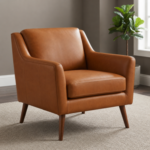 Sillón de Cuero Moderno de Mediados de Siglo, Patas de Madera Maciza, Silla para Sala de Estar, Mueble de Descanso Cómodo, Sillón de Cuero - Product Image 1