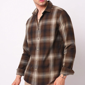 Chemise en flanelle à carreaux marron pour homme, manches longues, col rabattu, vêtement décontracté d'automne, chemise en coton tissé respirant - Product Image 3