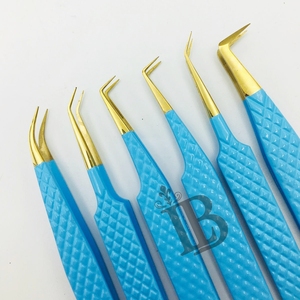 Pinzas de Extensión de Pestañas de Acero Inoxidable con Punta Dorada de Color Azul, Sostenibles, de Alta Calidad, Recién Llegadas, para Pestañas de Visón Mega Volumen - Product Image 1