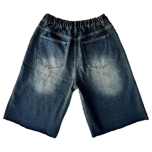 Men's Mid Waist Dark Blue Denim Bermuda Shorts Casual Washed Cotton Elastic Waist Style - Product Image 2
