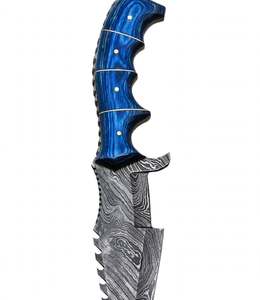 Cuchillo utilitario artesanal de acero de Damasco con mango de madera Pakkawood azul y espiga de sierra, herramienta de campo - Product Image 6