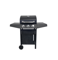 Barbecue à gaz noir à trois brûleurs avec étagères latérales, armoire et roues pour la cuisson en plein air sur la terrasse