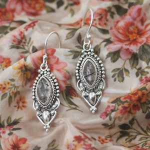 Pendientes de cuarzo rutilado negro, 100% plata de ley 925 pura, joyería colgante bohemia hecha a mano, chapado en oro rosa y oro amarillo para mujer - Product Image 1