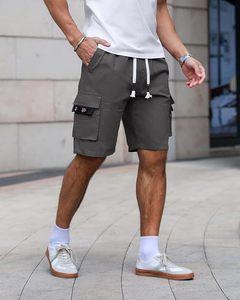 Shorts cargo gris pour hommes avec cordon de serrage à la taille et plusieurs poches, style décontracté, taille mi-haute, en coton respirant, type Bermuda - Product Image 4