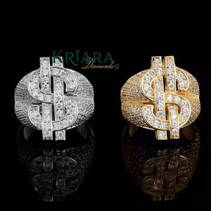 Anillo de cóctel para hombre de plata 925 chapado en oro de 18K con moissanita, diseño de signo de dólar, engaste pavé, estilo hip-hop, corte brillante redondo, forma de letra - Product Image 2