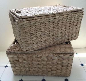 Panier de rangement artisanal en jacinthe d'eau durable, fabriqué au Vietnam, vente en gros directe d'usine, avec doublure et couvercle en lin lavable - Product Image 2