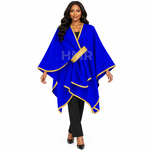 Poncho HMR Sorority Sisterhood bleu royal à manches chauve-souris, col en V, longue cape avec bordure dorée, élégant, toutes saisons - Product Image 1