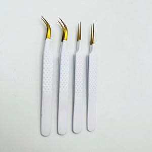 Juego de Pinzas para Extensión de Pestañas de Acero Inoxidable de Primera Calidad al por Mayor, Punta Curva y Puntiaguda, Punta de Fibra Blanca y Dorada - Product Image 4
