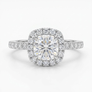 Anillo de compromiso con halo de moissanita talla cojín y engaste central brillante pavé, chapado en oro blanco, joyería fina para mujer - Product Image 1