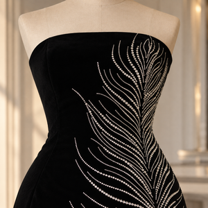Modern Strapless Velvet Beaded Bodycon <b>Dress</b> with <b>Rhinestone</b> Feather Embellishment Above Knee Length Elegant Evening Gown - Product Image 3