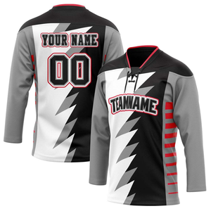 Camiseta de hockey personalizada en negro, gris y rojo, con nombre y número personalizados, manga larga, con cordones, para equipo. - Product Image 1