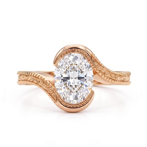 Bague de fiançailles solitaire gravée en argent sterling plaqué or rose avec moissanite taille ovale vintage pour femme - Product Image 3