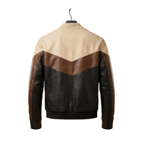 Blouson Bomber Homme en Cuir Véritable Col Montant Fermeture Éclair Blocs de Couleurs Style Moto Biker Vêtement d'Automne Coupe Classique