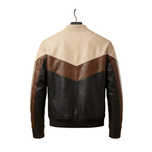 <b>Mens</b> Genuine <b>Leather</b> <b>Bomber</b> Jacket Stand Collar Zipper Closure Color Blocking Moto Biker Style Autumn Wear Regular Fit - Product Image 2