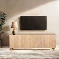 Meuble TV de luxe en bois massif de manguier - Design cannelé, style européen moderne, console TV multifonctionnelle pour salon, hôtel, maison